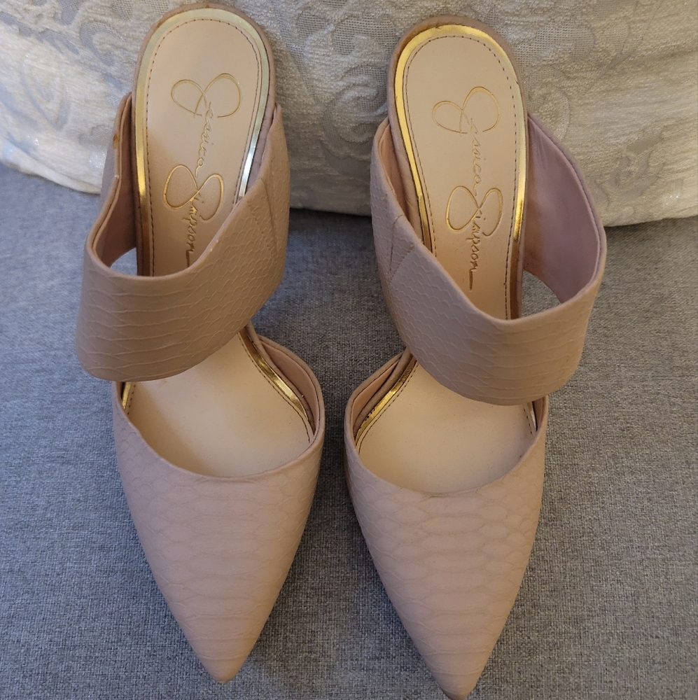 Jessica Simpson Taupe Pointed Toe Mules with Gold Trim - Picture 3 of 6